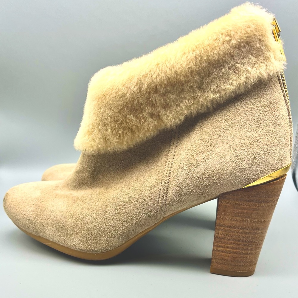 Anthropologie Strena Germacario Shearling Cuff Suede Tan Booties size 8